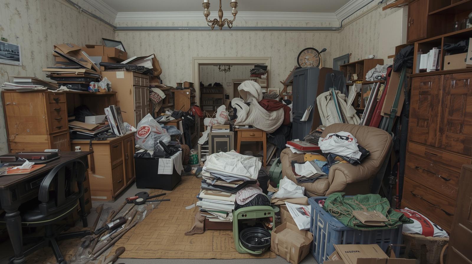 Chaotische Wohnung vor der Entrümpelung